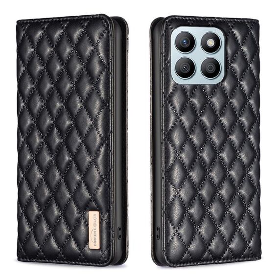 Custodia per cellulare in pelle magnetica con reticolo di diamanti per Honor X8b (nera)