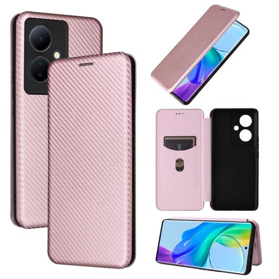 Custodia per cellulare in pelle con texture in fibra di carbonio per vivo V29 Lite (rosa)