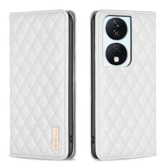 Custodia per cellulare in pelle magnetica con reticolo di diamanti per Honor X7b (bianca)