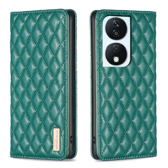 Custodia per telefono con vibrazione magnetica in pelle con reticolo di diamanti per Honor X7b (verde)