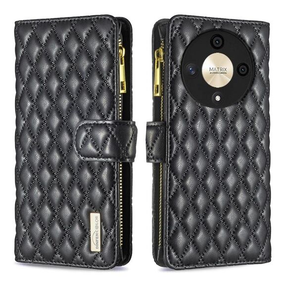 Per Honor X9b/Magic6 Lite 5G Custodia a portafoglio in pelle con cerniera a reticolo di diamanti (Nero)