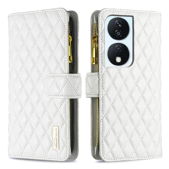 Custodia per cellulare in pelle con portafoglio con cerniera a reticolo di diamanti per Honor X7b (bianca)