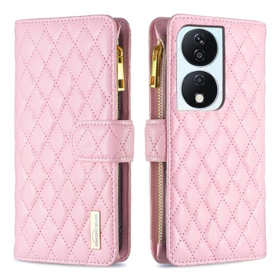 Custodia per cellulare in pelle con portafoglio con cerniera a reticolo di diamanti per Honor X7b (rosa)