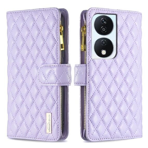 Custodia per cellulare in pelle con portafoglio con cerniera a reticolo di diamanti per Honor X7b (viola)