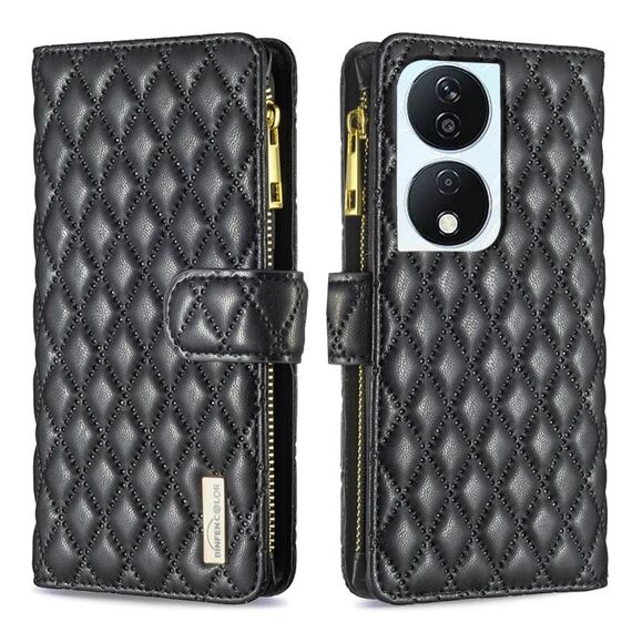 Custodia per cellulare in pelle con portafoglio con cerniera a reticolo di diamanti per Honor X7b (nera)