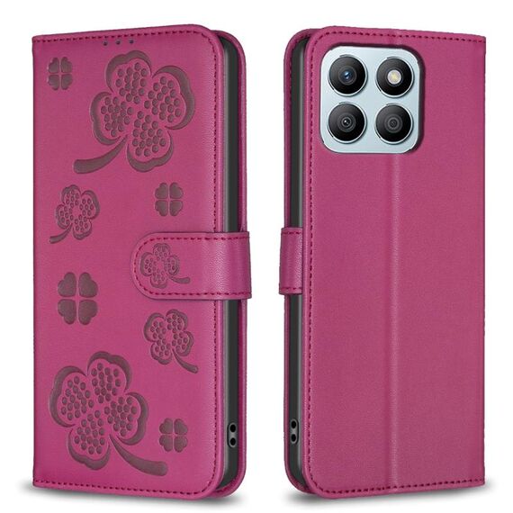 Custodia per telefono in pelle goffrata a quattro foglie per Honor X8b (rosa rossa)