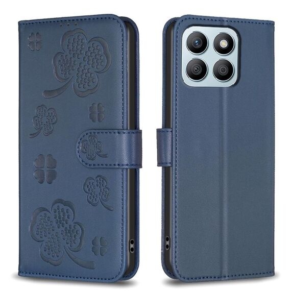 Custodia per telefono in pelle goffrata a quattro foglie per Honor X8b (blu)