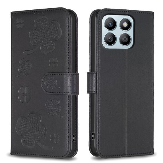 Custodia per telefono in pelle goffrata a quattro foglie per Honor X8b (nera)