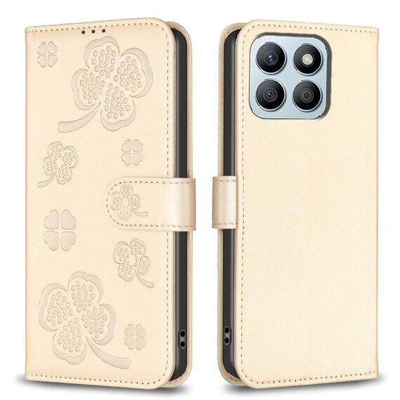 Custodia per telefono in pelle goffrata a quattro foglie per Honor X8b (oro)