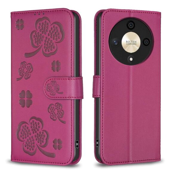 Custodia per telefono in pelle goffrata a quattro foglie per Honor X9b/Magic6 Lite 5G (rosa rossa)