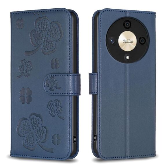 Custodia per telefono in pelle goffrata a quattro foglie per Honor X9b/Magic6 Lite 5G (blu)