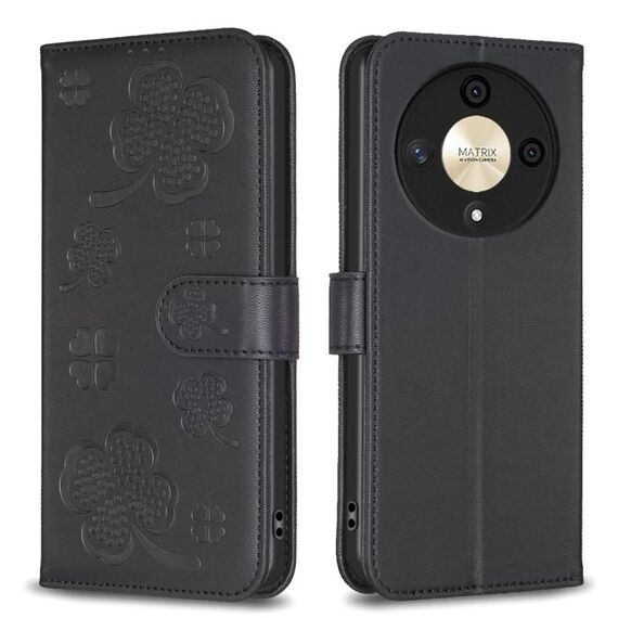 Custodia per telefono in pelle goffrata a quattro foglie per Honor X9b/Magic6 Lite 5G (nera)