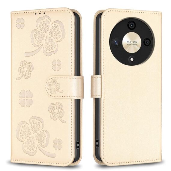 Custodia per telefono in pelle goffrata a quattro foglie per Honor X9b/Magic6 Lite 5G (oro)