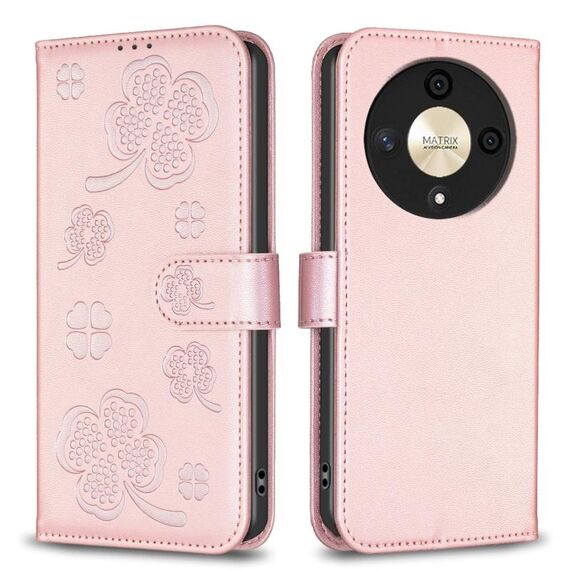 Custodia per telefono in pelle goffrata a quattro foglie per Honor X9b/Magic6 Lite 5G (rosa)
