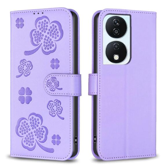 Custodia per telefono in pelle goffrata a quattro foglie per Honor X7b (viola)
