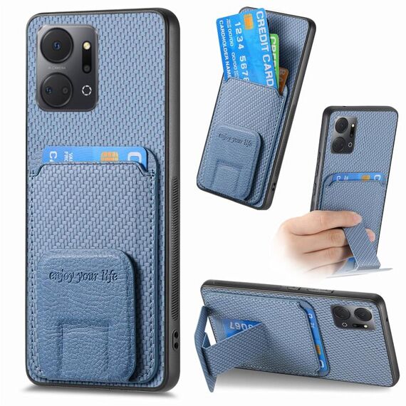 Per Honor X7A Custodia per telefono con supporto pieghevole per carta in fibra di carbonio (blu)