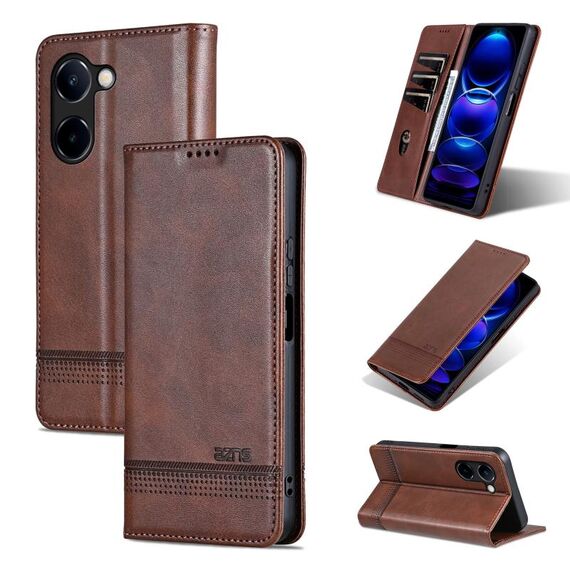 Custodia per telefono in pelle magnetica con texture di vitello AZNS per vivo Y100i 5G (marrone scuro)
