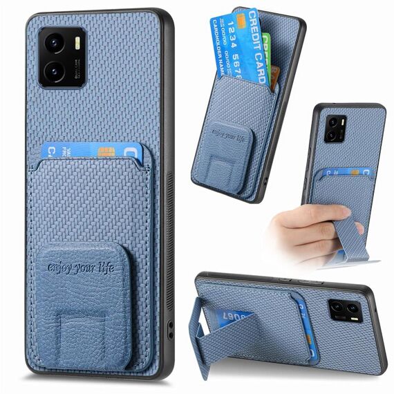 Per vivo Y15s Custodia per telefono con supporto pieghevole per carta in fibra di carbonio (blu)