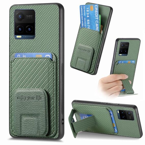 Per vivo Y21s Custodia per telefono con supporto pieghevole per carta in fibra di carbonio (verde)