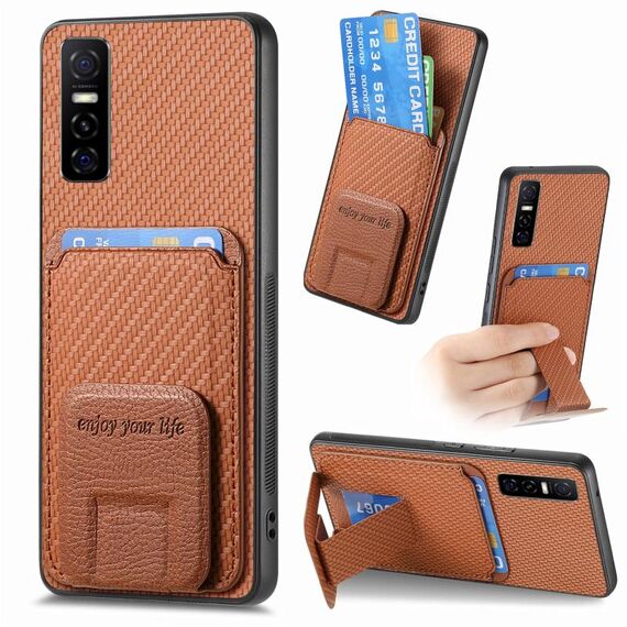 Custodia pieghevole per telefono con supporto pieghevole per carta in fibra di carbonio per vivo Y73s 5G / S7e (marrone)