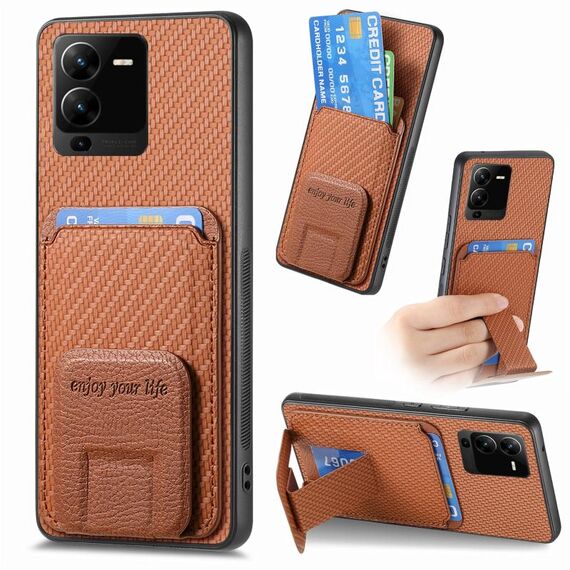 Per vivo V25 Pro Custodia per telefono con supporto pieghevole per carta in fibra di carbonio (marrone)