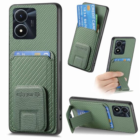 Per vivo Y02s Custodia per telefono con supporto pieghevole in fibra di carbonio (verde)