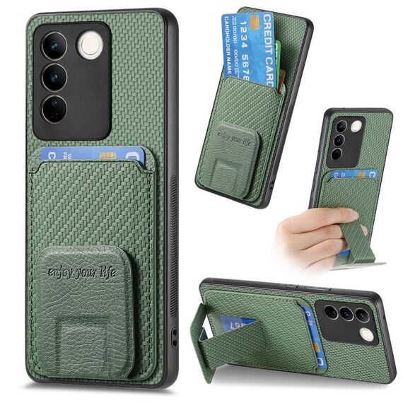 Custodia pieghevole per telefono con supporto pieghevole per carta in fibra di carbonio per vivo S16 / V27 (verde)