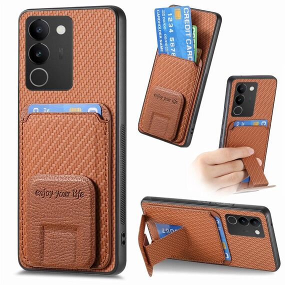 Custodia pieghevole per telefono con supporto pieghevole per carta in fibra di carbonio per vivo S17 / S17 Pro / V29 (marrone)