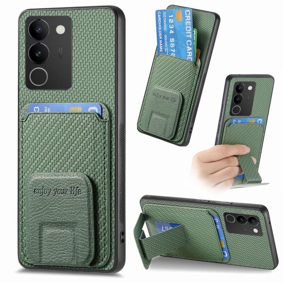 Custodia pieghevole per telefono con supporto pieghevole per carta in fibra di carbonio per vivo S17 / S17 Pro / V29 (verde)