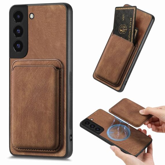 Per Samsung Galaxy S22+ 5G Borsa per carte di credito in pelle retrò Custodia magnetica per telefono (marrone)