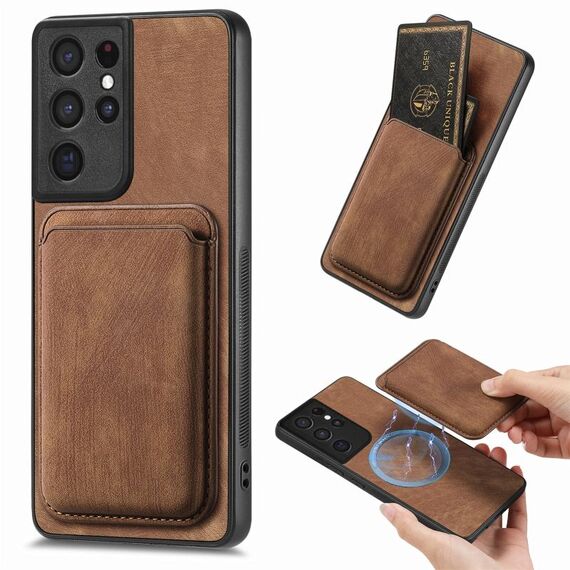 Per Samsung Galaxy S21 Ultra 5G Borsa per carte di credito in pelle retrò Custodia magnetica per telefono (marrone)