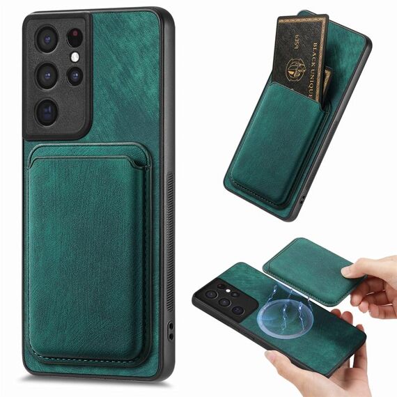 Custodia magnetica per telefono retrò in pelle per Samsung Galaxy S21 Ultra 5G (verde)