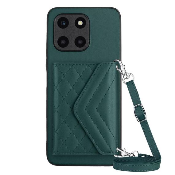 Custodia per telefono RFID con texture rombica per Honor X6a con cordino lungo (verde)