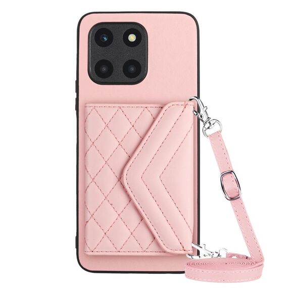 Custodia per telefono RFID con texture rombica per Honor X6a con cordino lungo (oro rosa)