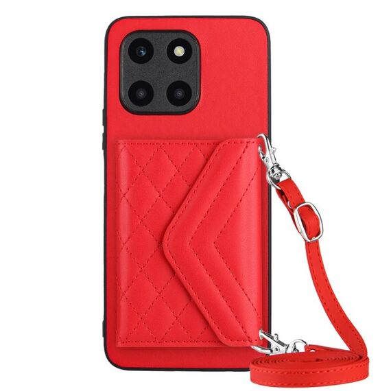 Custodia per telefono RFID con texture rombica per Honor X6a con cordino lungo (rosso)