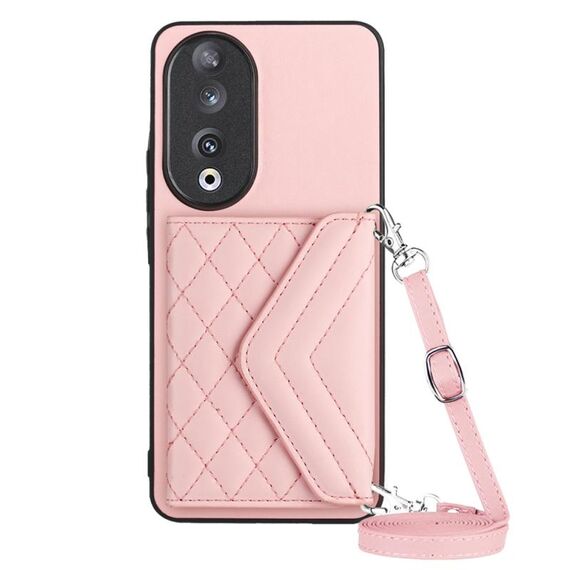 Custodia per telefono RFID con struttura rombica per Honor 90 con cordino lungo (oro rosa)