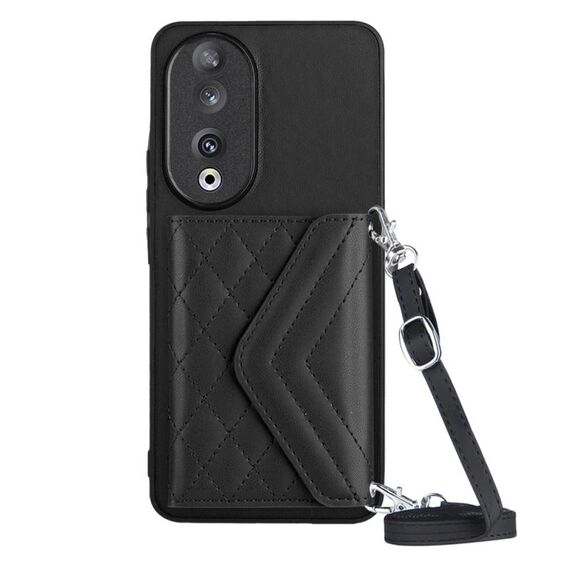 Custodia per telefono RFID con struttura rombica per Honor 90 con cordino lungo (nero)