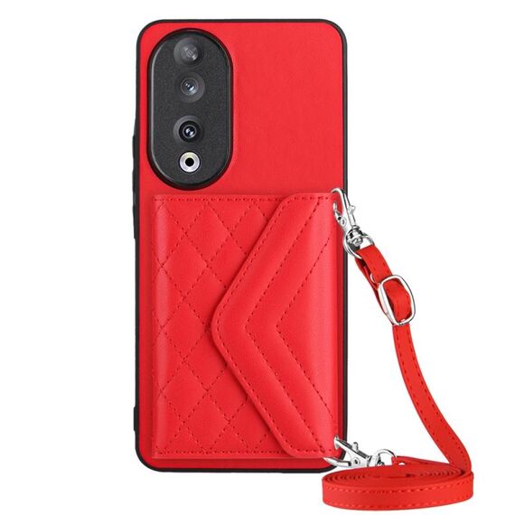 Custodia per telefono RFID con texture rombica per Honor 90 con cordino lungo (rosso)
