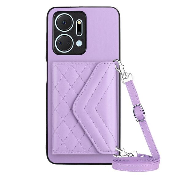 Custodia per telefono RFID con texture rombica per Honor X7a / Play 7T con cordino lungo (viola chiaro)