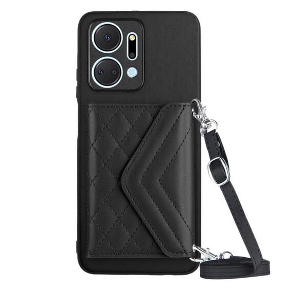 Custodia per telefono RFID con texture rombica per Honor X7a / Play 7T con cordino lungo (nero)