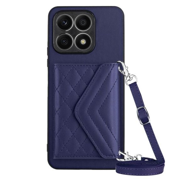 Custodia per telefono RFID con texture rombica per Honor X8a con cordino lungo (viola scuro)