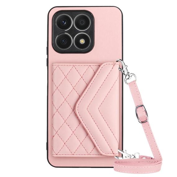 Custodia per telefono RFID con struttura rombica per Honor X8a con cordino lungo (oro rosa)