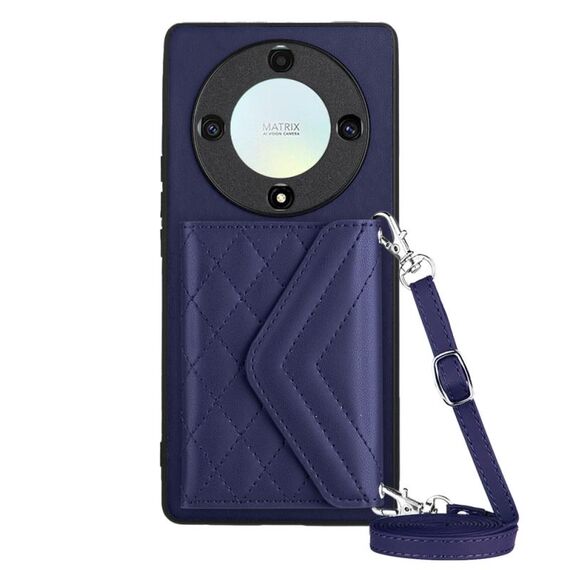Custodia per telefono RFID con texture rombica per Honor X9a / Magic5 Lite con cordino lungo (viola scuro)