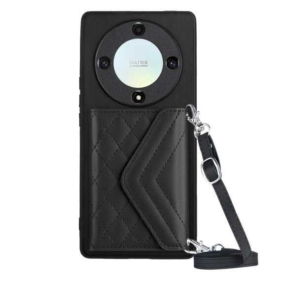 Custodia per telefono RFID con texture rombica per Honor X9a / Magic5 Lite con cordino lungo (nero)