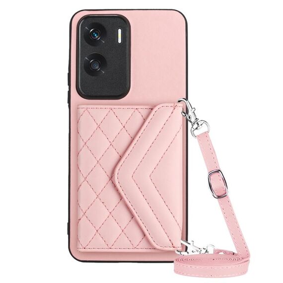 Custodia per telefono RFID con struttura rombica per Honor X50i con cordino lungo (oro rosa)