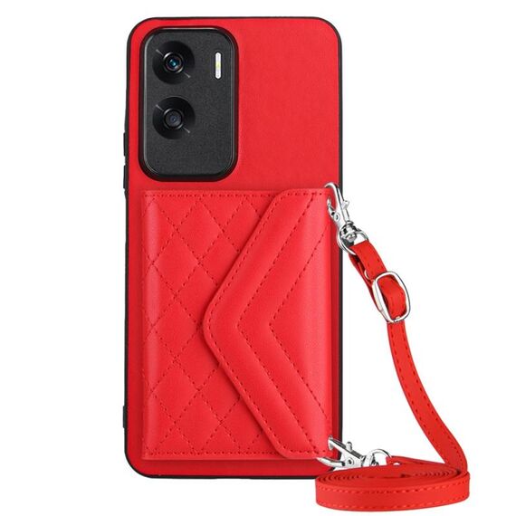 Custodia per telefono RFID con texture rombica per Honor X50i con cordino lungo (rosso)