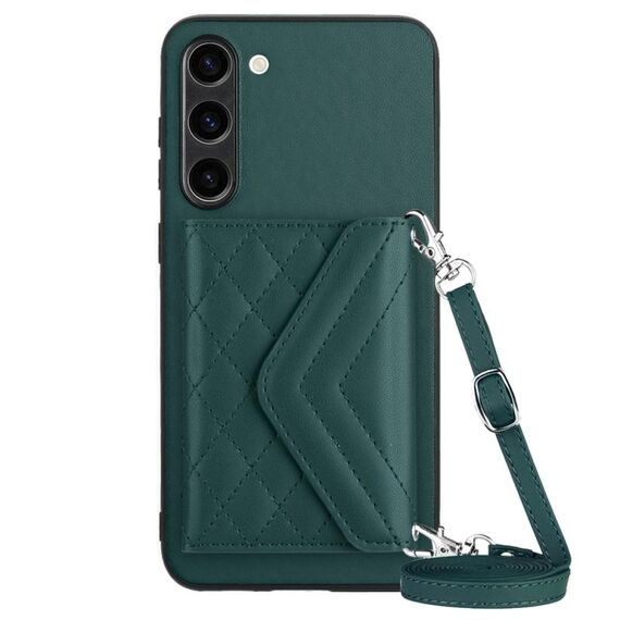 Custodia per telefono RFID con texture rombica per Samsung Galaxy S23+ 5G con cordino lungo (verde)