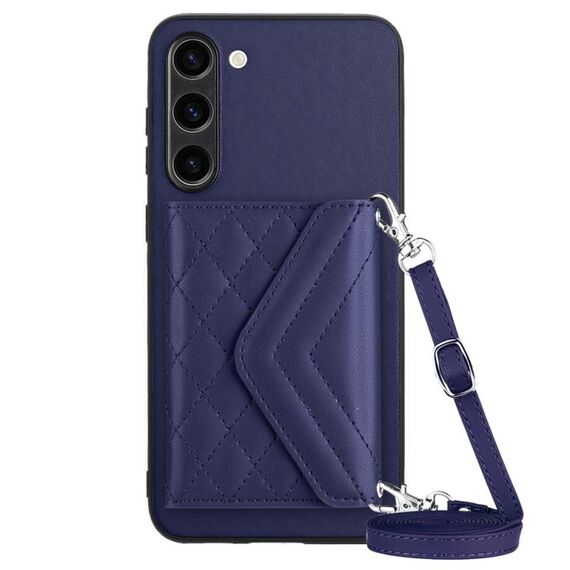 Custodia per telefono RFID con texture rombica per Samsung Galaxy S23+ 5G con cordino lungo (viola scuro)