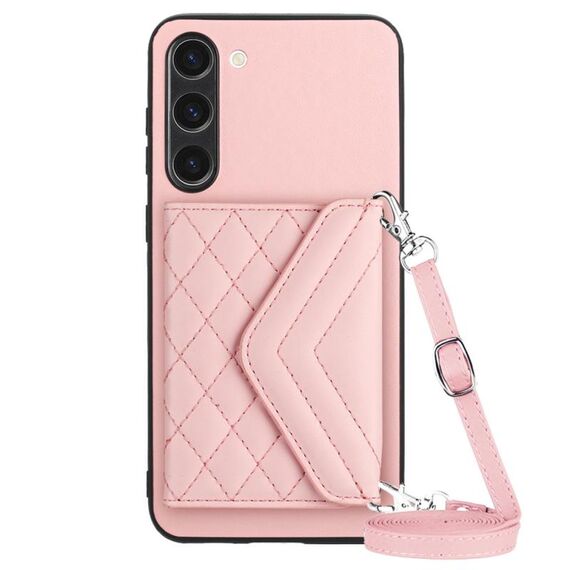 Custodia per telefono RFID con texture rombica per Samsung Galaxy S23+ 5G con cordino lungo (oro rosa)