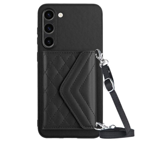 Custodia per telefono RFID con texture rombica per Samsung Galaxy S23+ 5G con cordino lungo (nero)